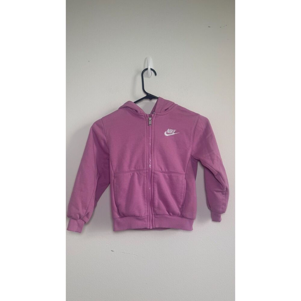 Nike Girls Hoodie Size 6 Small Pink Full Zip Sweatshirt White Swoosh Fleece
